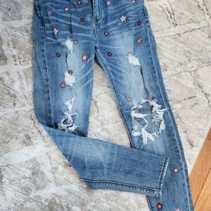Lucky Brand Floral Embroidered Distressed Blue Jeans, 4/27